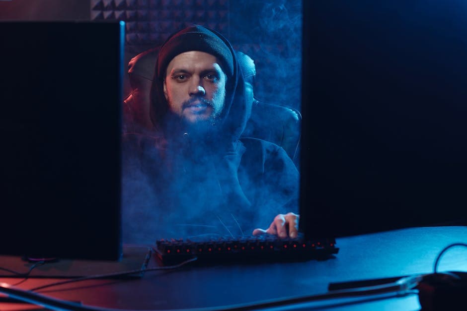 Dramatic scene of an adult man in a hoodie using a computer, surrounded by smoke in a dimly lit room.