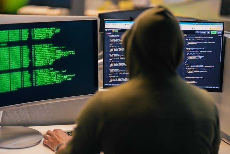 A person in a hoodie coding on dual monitors, depicting cybersecurity and hacking themes.