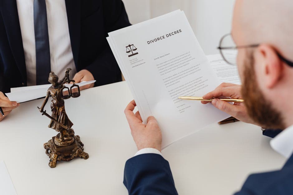 Two professionals examining a divorce decree with a Lady Justice statue nearby.