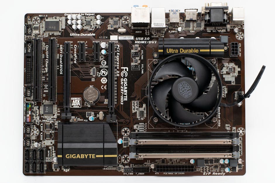 Top-down view of a high-performance Gigabyte motherboard with cooling fan.