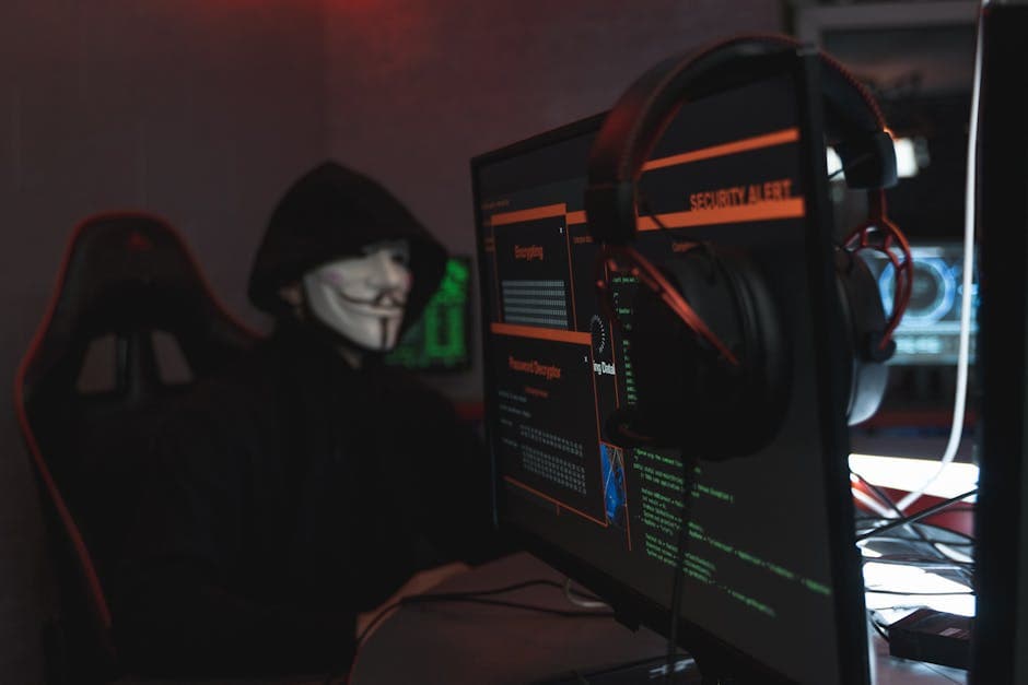A person wearing a Guy Fawkes mask engaged in hacking activities on a computer in a dimly lit room.