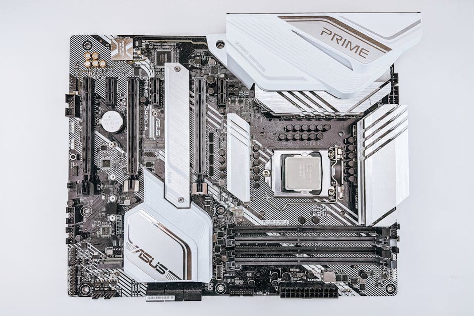 A detailed close-up of a modern ASUS motherboard showcasing intricate hardware components.