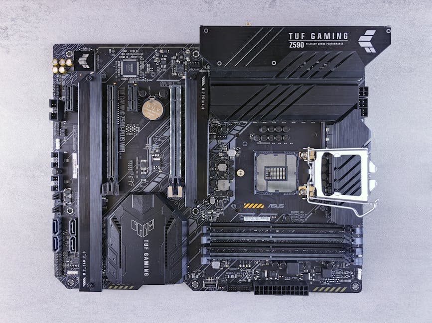 High-performance ASUS TUF Gaming Z590 motherboard with advanced circuitry for gaming and computing.
