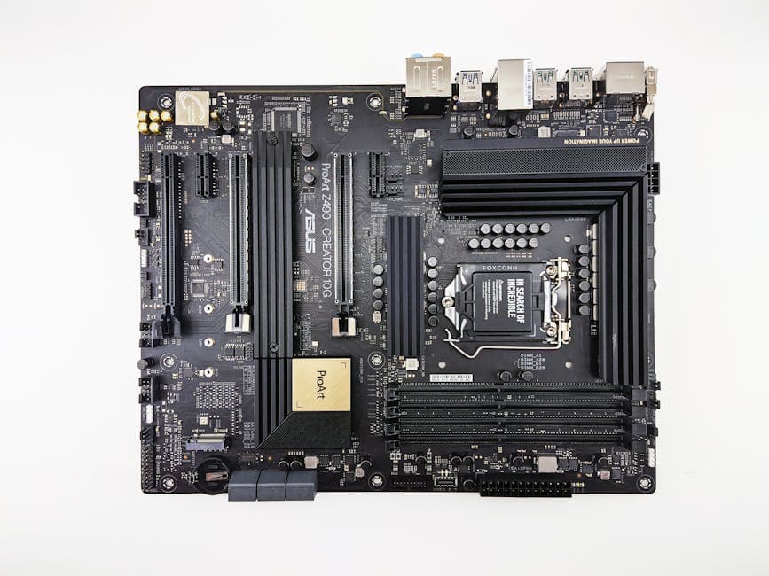 Flat lay image showcasing an ASUS Z490 motherboard with its components on a white background.