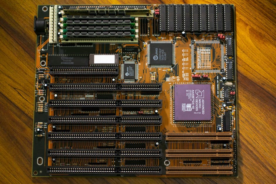 Close-up view of a vintage motherboard showcasing intricate circuitry and components.