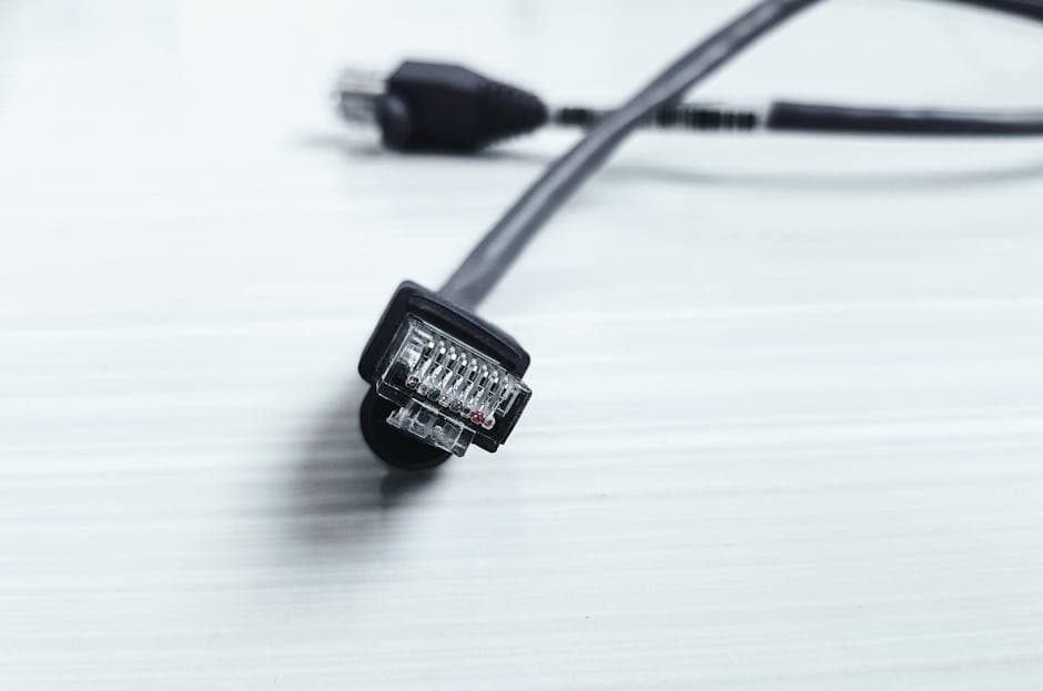 Detailed image of a black ethernet cable with RJ-45 connector on a white surface.