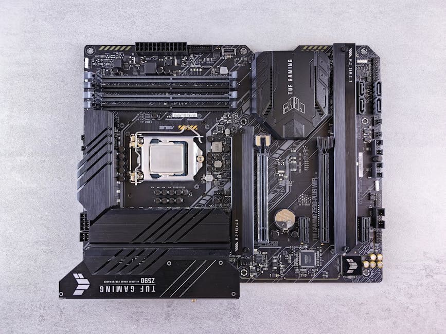 Detailed top view of an ASUS TUF Gaming Z590 motherboard showcasing components and high-tech design.