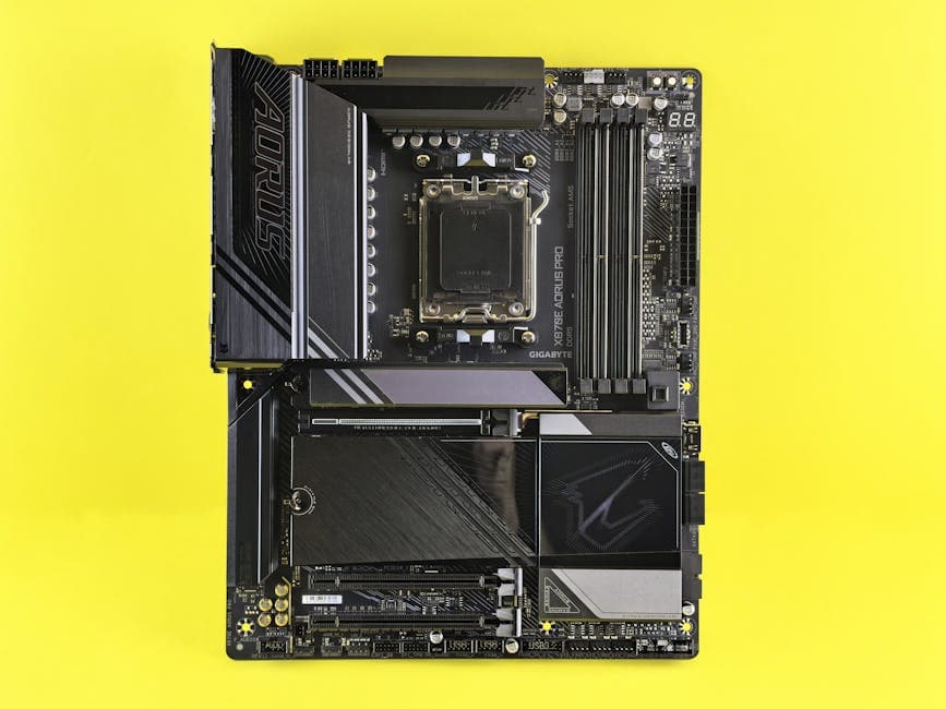 A powerful GIGABYTE motherboard displayed on a vibrant yellow background, showcasing technology.