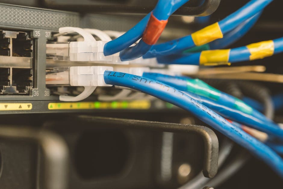 Network switch and blue ethernet cable with white tips connected to system for maintenance
